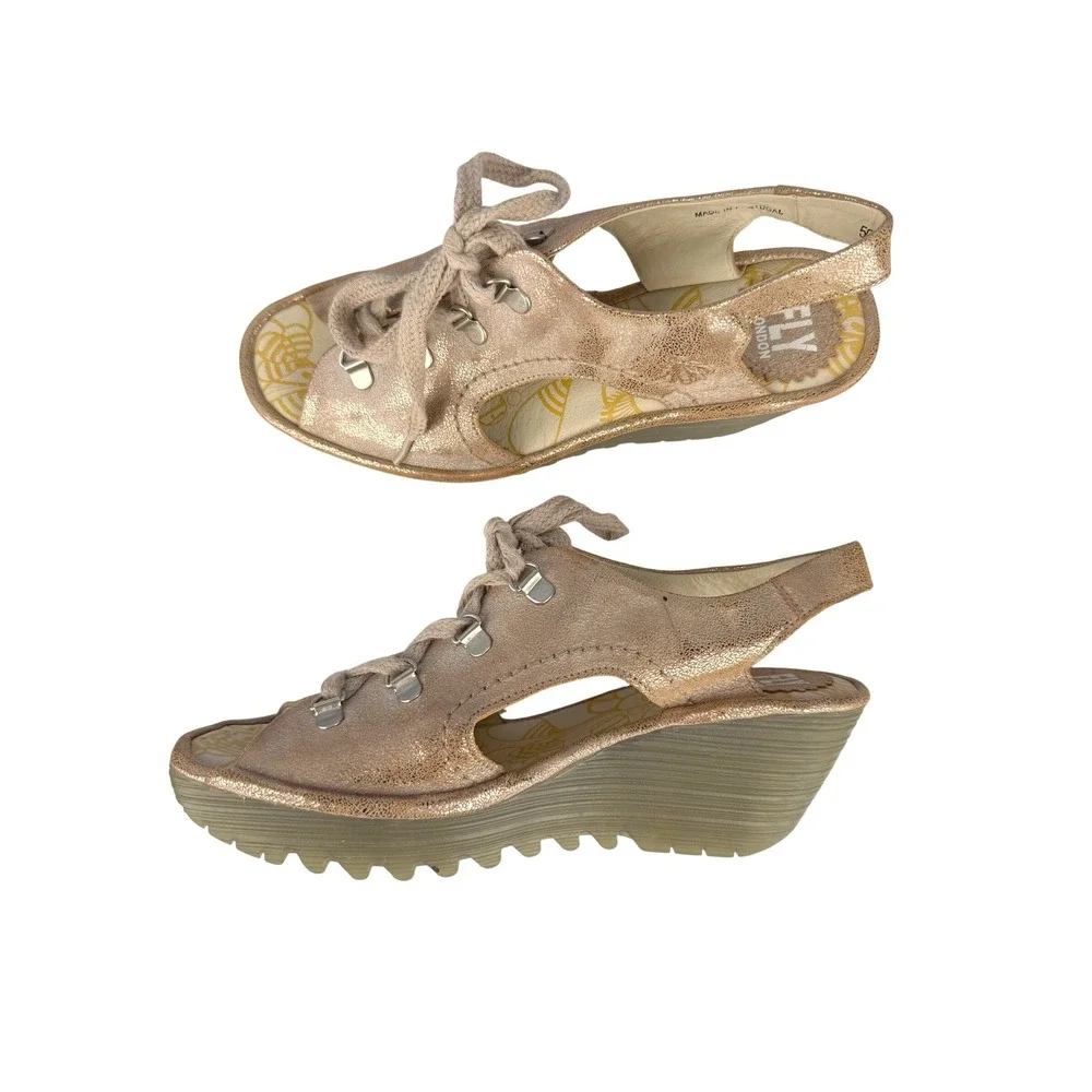 Fly London Women's 39 Metallic‎ Rose Gold Lace Wedge Sandals Leather EU 39